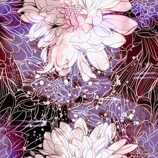 Japanese Abstract Stylized Chrysanthemums Seamless Pattern Digital Lines Hand Drawn — Stock Photo, Image