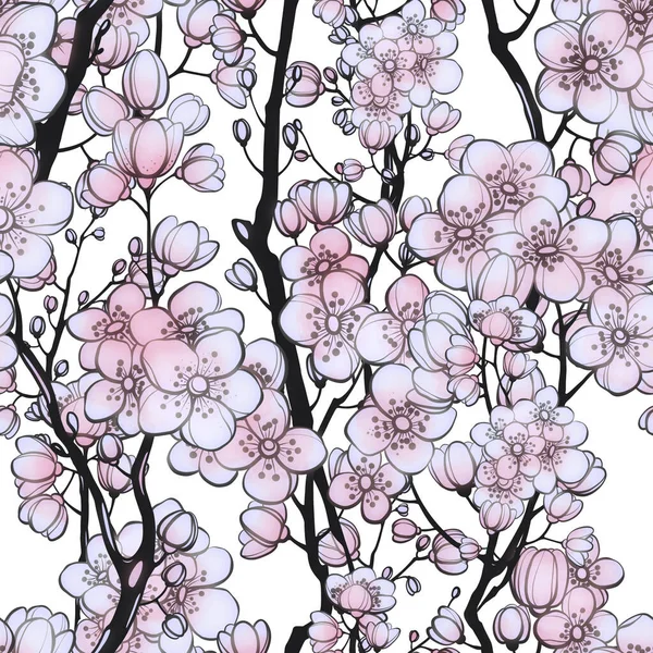 Sakura Květů Větvičky Vinobraní Bezešvé Vzor Digitální Čáry Ručně Kreslený — Stock fotografie