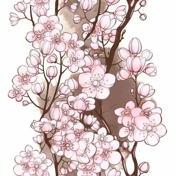Sakura Virág Gallyak Vintage Zökkenőmentes Minta Digitális Vonalak Kézzel Rajzolt — Stock Fotó