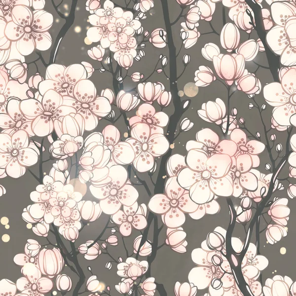 Sakura Blommar Kvistar Vintage Sömlös Mönster Digital Linjer Handritad Bild — Stockfoto