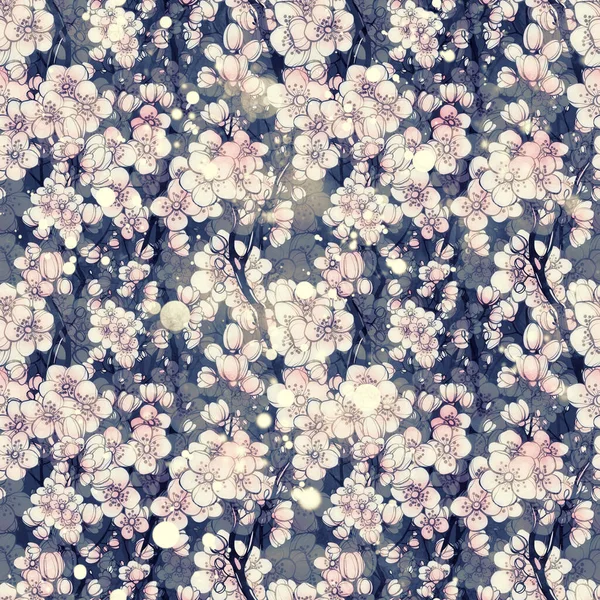 Sakura Ανθίζουν Κλαδιά Vintage Αδιάλειπτη Μοτίβο Ψηφιακές Γραμμές Ζωγραφισμένες Στο — Φωτογραφία Αρχείου