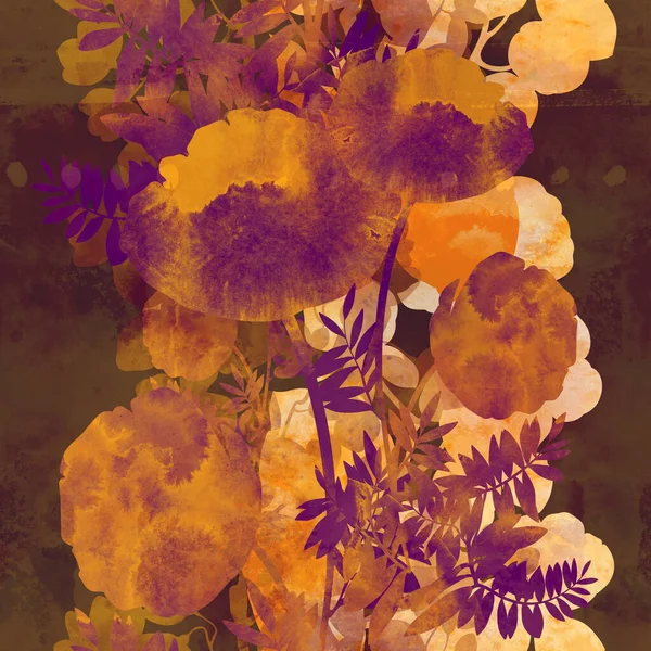 Blumen Und Blätter Silhouetten Vintage Nahtlose Muster Digitales Handgezeichnetes Bild — Stockfoto