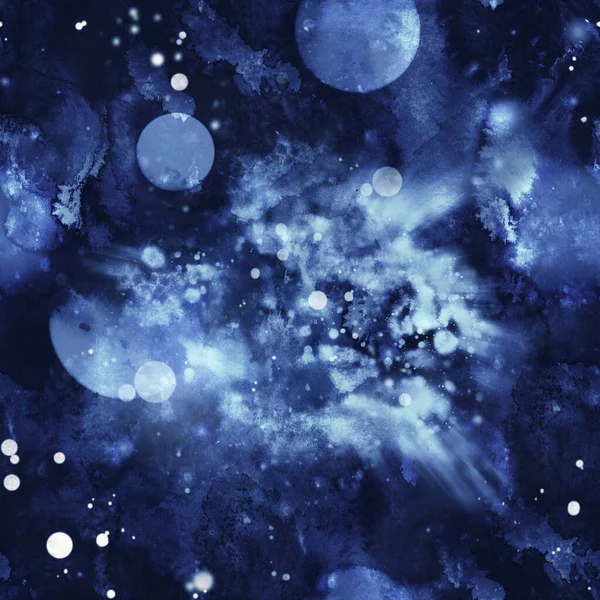 星雲や星と銀河 水彩のテクスチャシームレスなパターン 混合メディアアートワーク スクラップブッキング デカッページ 織物のための無限のモチーフ — ストック写真