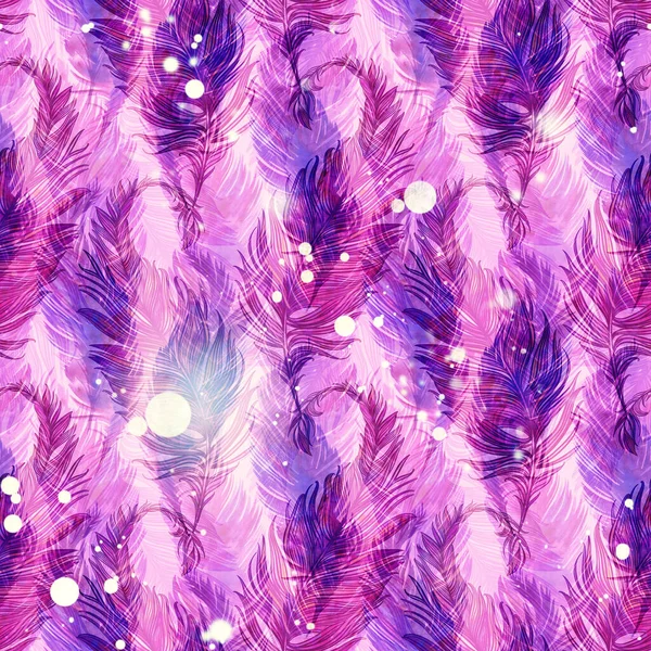 Delicate Bird Feathers Boho Chic Magic Seamless Pattern Digital Watercolour — Stock Photo, Image