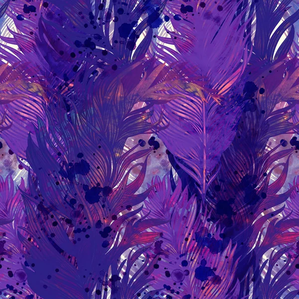 Delicate Bird Feathers Boho Chic Magic Seamless Pattern Digital Watercolour — Stock Photo, Image