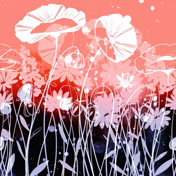 Narin Çayır Çiçekleri Dikdörtgen Bir Sınır Çizer Dijital Çizgiler Suluboya — Stok fotoğraf