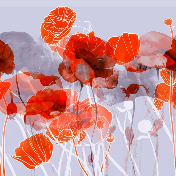 Minimalistic Silhouettes Meadow Poppies Seamless Border Digital Watercolour Mixed Media — Stock Photo, Image