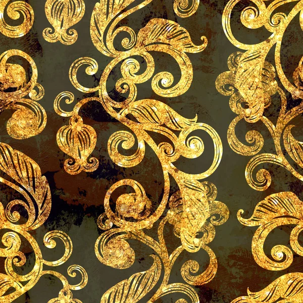 Zlaté Prolamované Víření Siluety Listů Květin Třpytivý Starý Bezešvý Vzor — Stock fotografie