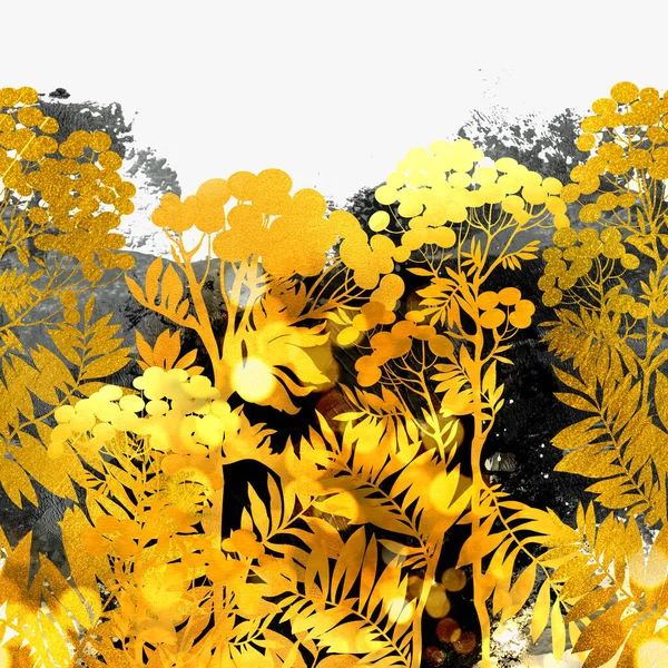 抽象的な黄金の草原の花や草の背景シームレスな境界上 水彩とアクリルの質感のデジタルアート 混合メディアアートワーク スクラップブッキング テキスタイルのための無限のモチーフ — ストック写真