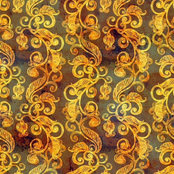 Altın Kıvrımlı Girdaplar Yapraklar Çiçeklerin Siluetleri Pırıl Pırıl Eski Dikişsiz — Stok fotoğraf