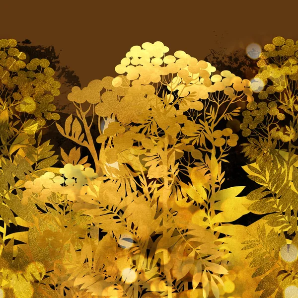 摘要金黄色草场的花朵和草本植物 背景幽静无缝 具有水彩画和丙烯酸质感的数字艺术 混合媒体艺术品 剪贴簿 纺织品的无限主题 — 图库照片