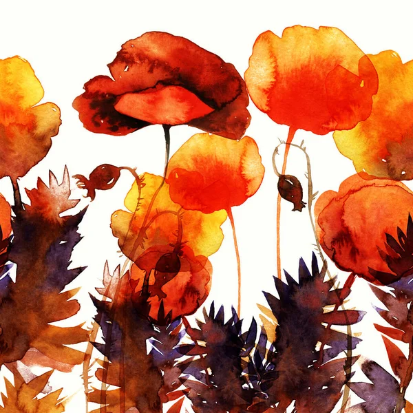 Minimalistische Silhouetten Wiesenblumen Nahtlose Grenze Digital Mit Aquarell Gemischte Medienkunst — Stockfoto