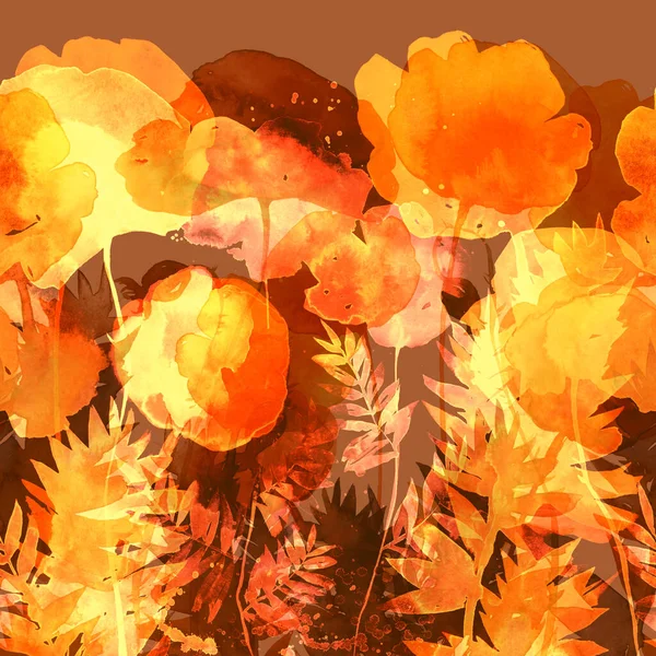 ミニマルなシルエットの牧草地の花シームレスな境界 水彩でデジタル 混合メディアアートワーク スクラップブッキング デカッページ 織物のための無限のモチーフ — ストック写真