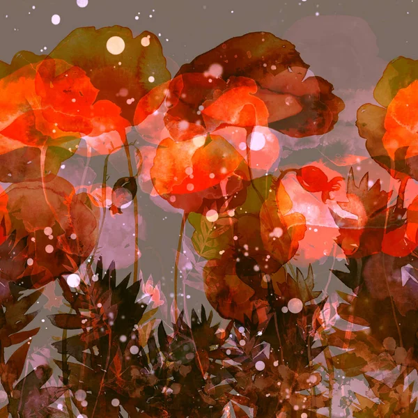 Minimalista Sziluettek Rét Virágok Zökkenőmentes Határ Digitális Akvarell Vegyes Médiaművészet — Stock Fotó