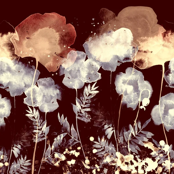 미니멀리즘적 실루엣 초원의 꽃들은 미풍의 디지털 미디어 스크랩북 디페이지 직물을 — 스톡 사진