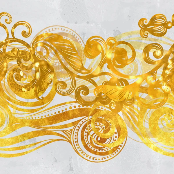 황금색의 잎사귀와 꽃으로 실루엣 휘감고 있는데 빈티지의 미풍없는 무늬가 있습니다 로열티 프리 스톡 이미지