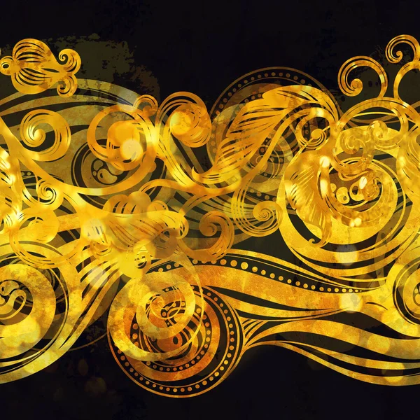 金色的开放的旋涡 叶和花的轮廓 闪闪发光的古老无缝图案 具有水彩画和丙烯酸质感的数字艺术 混合媒体艺术品 纺织品用无边花序 免版税图库照片