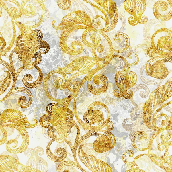 金色的开放的旋涡 叶和花的轮廓 闪闪发光的古老无缝图案 具有水彩画和丙烯酸质感的数字艺术 混合媒体艺术品 纺织品用无边花序 免版税图库图片