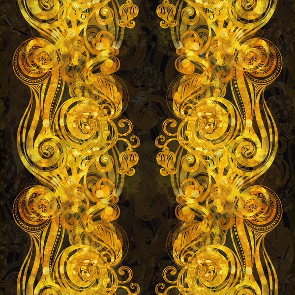 金色的开放的旋涡 叶和花的轮廓 闪闪发光的古老无缝图案 具有水彩画和丙烯酸质感的数字艺术 混合媒体艺术品 纺织品用无边花序 图库照片