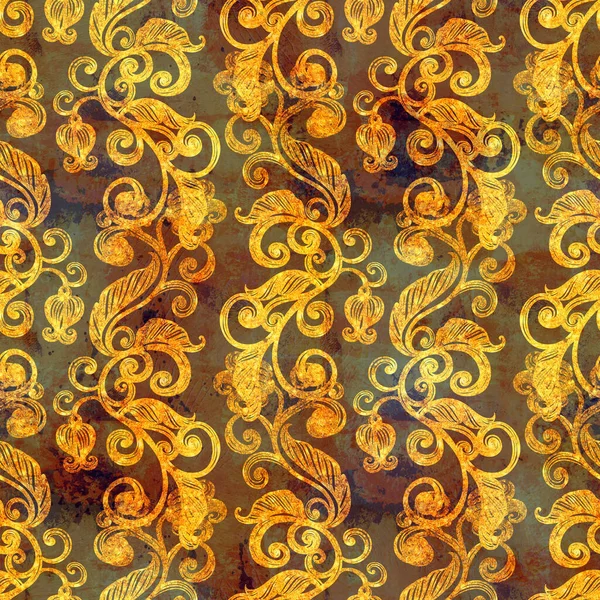金色的开放的旋涡 叶和花的轮廓 闪闪发光的古老无缝图案 具有水彩画和丙烯酸质感的数字艺术 混合媒体艺术品 纺织品用无边花序 图库图片
