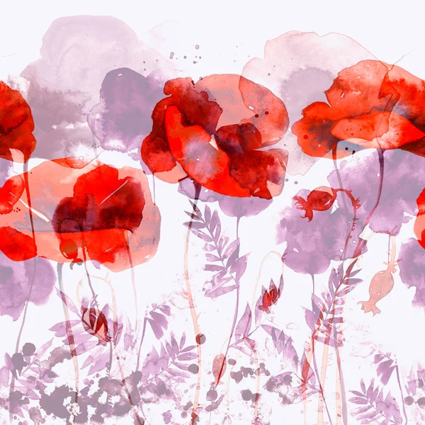 Minimalistiska Silhuetter Äng Blommor Sömlös Gräns Digital Med Akvarell Blandad Stockbild