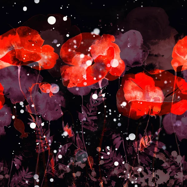 Minimalistiska Silhuetter Äng Blommor Sömlös Gräns Digital Med Akvarell Blandad Stockbild