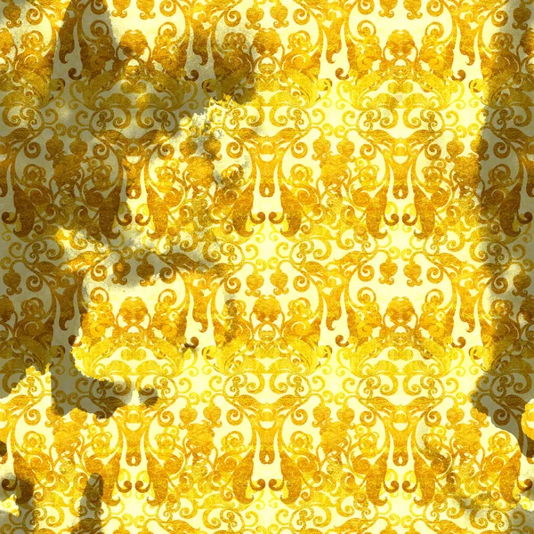 金色的开放式旋涡 自然动机的轮廓 闪闪发光的古老无缝图案 具有水彩画和丙烯酸质感的数字艺术 混合媒体艺术品 无穷无尽的花卉主题 免版税图库照片