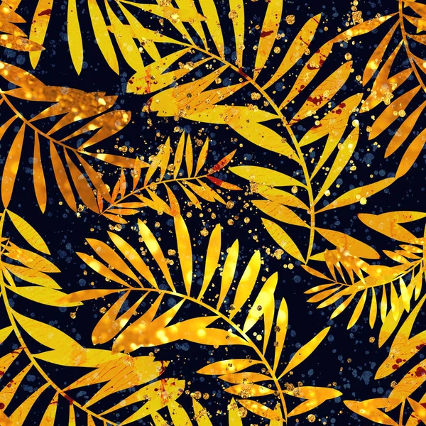 Goldene Tropische Blätter Nahtloses Muster Digitale Kunst Mit Mischtechnik Aquarell — Stockfoto