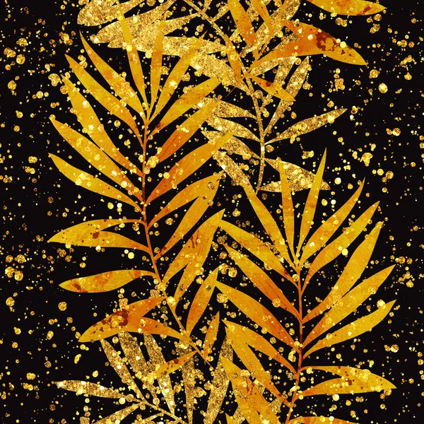 Золотые Тропические Листья Бесшовные Цифровое Искусство Смешанной Медиа Текстурой Акварель Стоковая Картинка