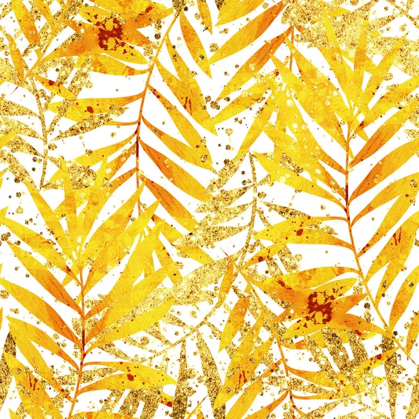 金色的热带叶子无缝图案 数码艺术与混合媒体质感 水彩画 丙烯酸 剪贴簿 纺织品 剪纸等永无休止的主题 免版税图库图片