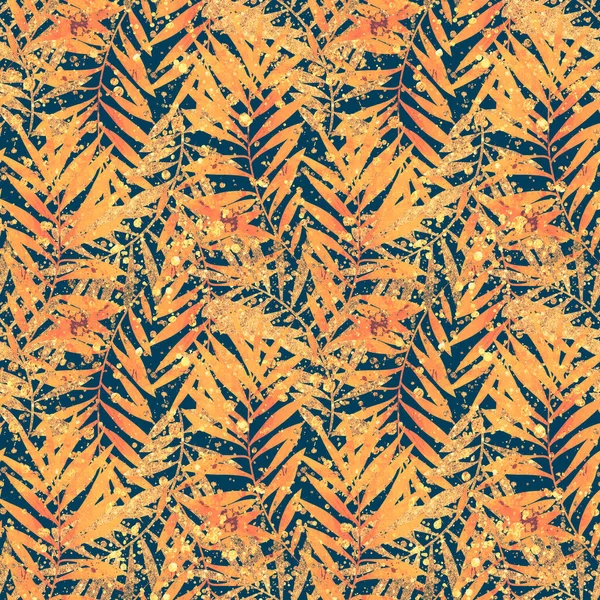 황금빛 열대산은 솔기없는 무늬를 남긴다 디지털 아크릴 포장을 끝없는 모티프 스톡 사진
