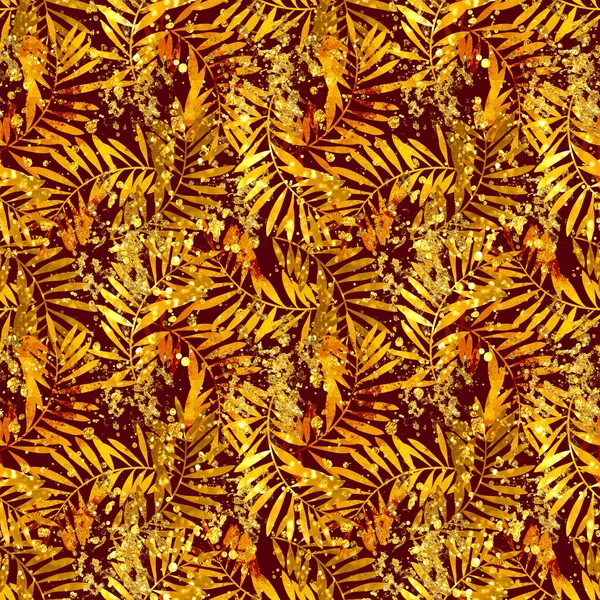 金色的热带叶子无缝图案 数码艺术与混合媒体质感 水彩画 丙烯酸 剪贴簿 纺织品 剪纸等永无休止的主题 免版税图库照片