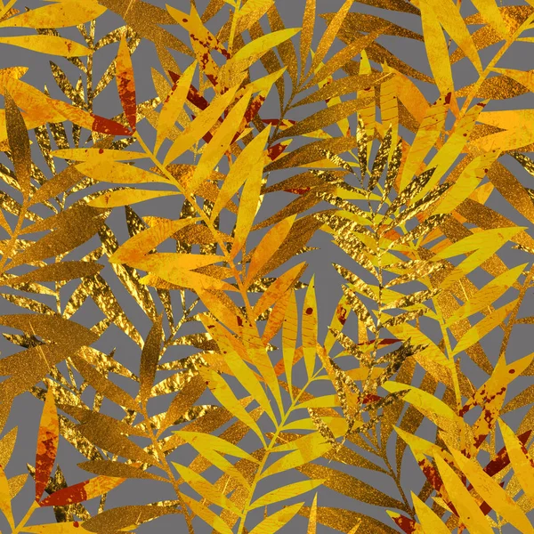 Golden Tropical Leaves Seamless Pattern Digital Art Mixed Media Texture Stock Image