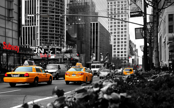 Car taxi in New York. yellow cars and rad words