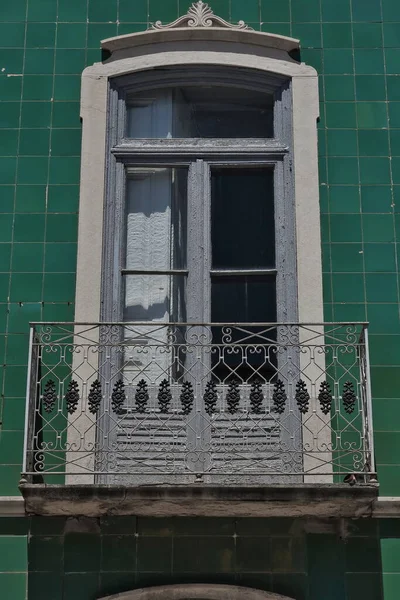 Neoclassical Balcony Gray Painted Chipped Wood White Ajar Shutter French — Stock Photo, Image