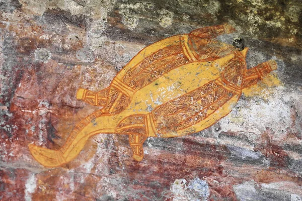 Ancestral Aboriginal Rock Art Almangiyi Long Neck Turtle Painted Red — Stock Photo, Image