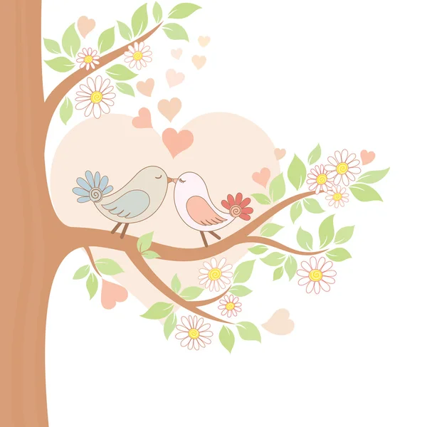 Two kissing birds on the tree — Stock Vector