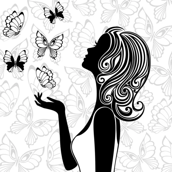 Silhouette of young woman with flying butterflies — Stock Vector