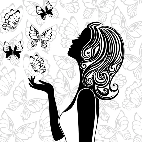 Силует молодої жінки з літаючими метеликами Стокова Ілюстрація