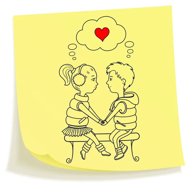 Sticky note with drawn teens couple in love — Stock Vector