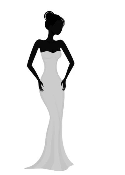 Silueta de una chica en vestido de noche blanco — Vector de stock