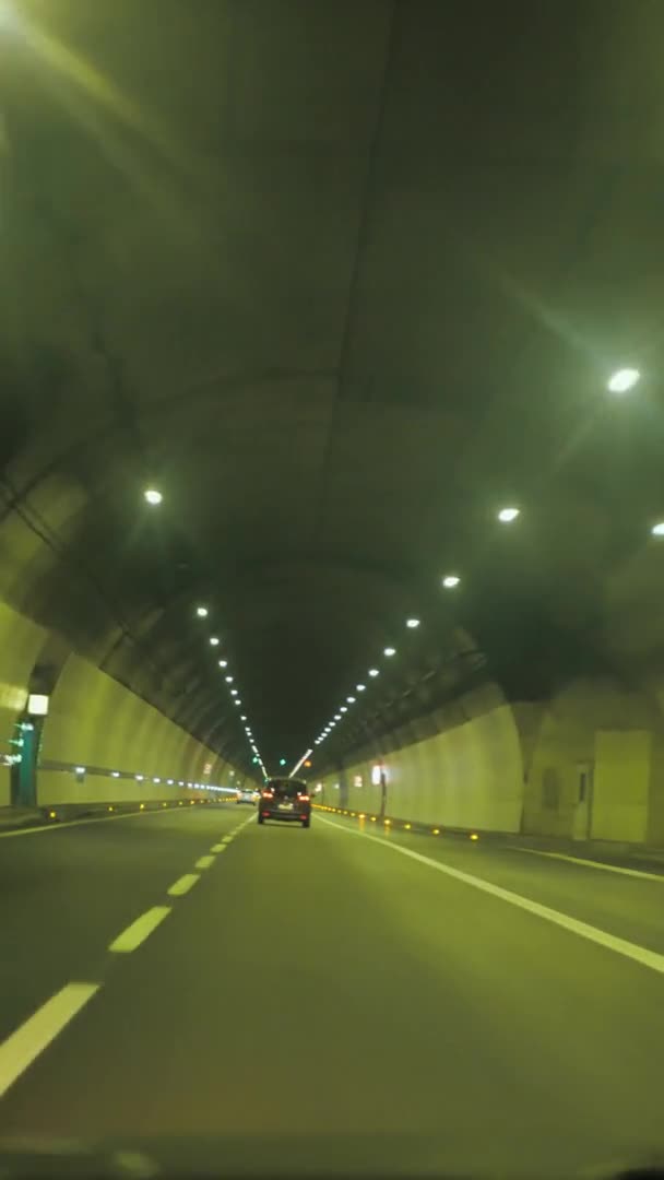 Coches borrosos que conducen a través de un túnel de montaña en Italia. Tráfico con líneas brillantes de alta velocidad. paisaje natural, vídeo vertical — Vídeo de stock