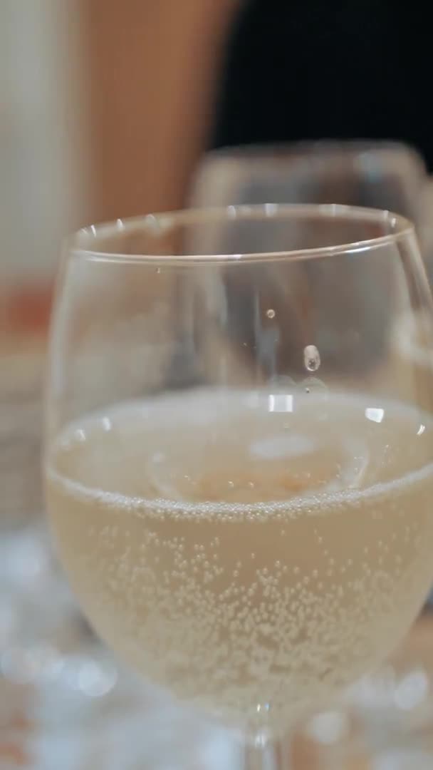 Häll ett glas champagne. Bartendern hälla champagne i glas, närbild. Champagne hälla i glas. — Stockvideo