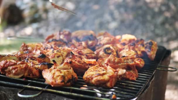 Grillowane szaszłyki świeżego mięsa. Ręka człowieka obraca się i obraca szaszłykami. Piknik rodzinny na świeżym powietrzu, koncepcja grillowania — Wideo stockowe