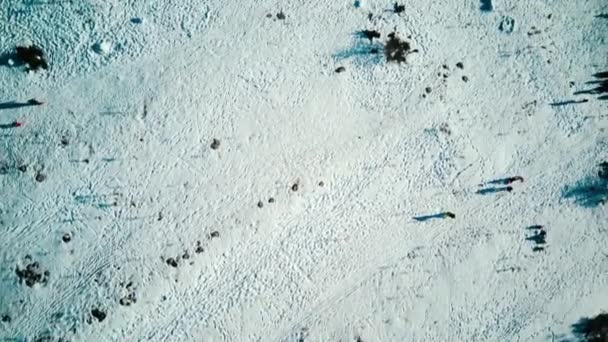 Gente en la nieve. Aerial drone birds eye view over white powder snow - winter extreme sports background (en inglés). vista superior — Vídeo de stock