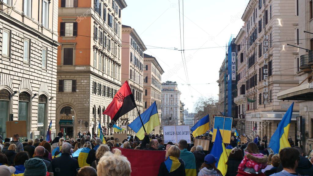 Italy, Rome, March 13, 2022. Photo with selective focus. Anti-war protest or rally against the invasion of Ukraine People are protesting against Russia attack on Ukraine.