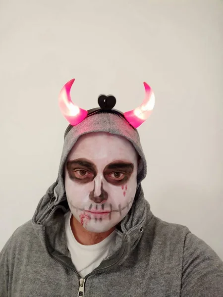 Young Man Painted Skull His Face White Background Celebration Day — 스톡 사진