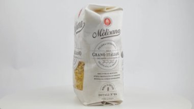 Roma, Italy. July 1st, 2022. Three packs of La Molisana pasta on white backdrop. Quality Italian pasta. Raw pasta. Italian Food Products with copy space.