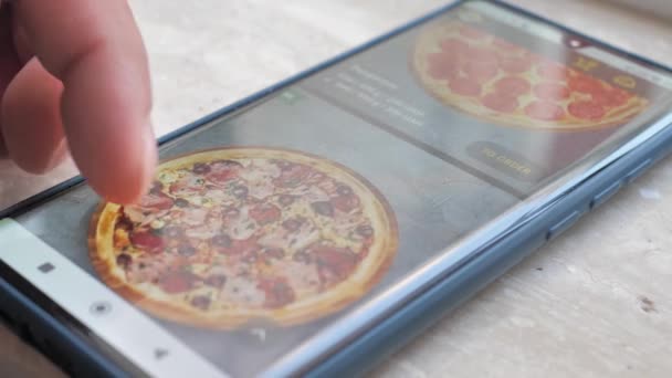Процесс Выбора Заказа Еды Вынос Пиццы Онлайн Мобильном Приложении Помощью — стоковое видео