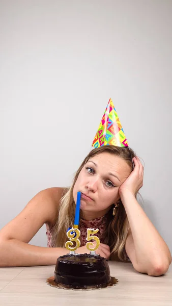 Holidays Celebrations Sad Cute Girl Celebrating Her Birthday Alone Holding — Stockfoto